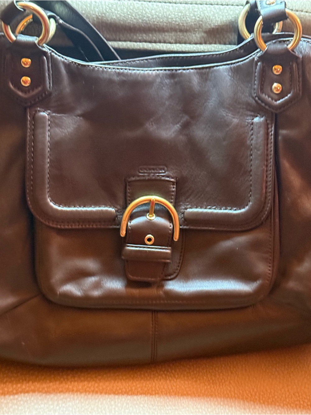 Coach Brown Leather Shoulder Bag with Gold-Tone Buckle - Picture 4 of 6